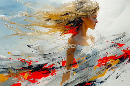 Frau im Wind - modernes Gemälde auf Leinwand, Acrylglas, Alu-Dibond oder als Poster