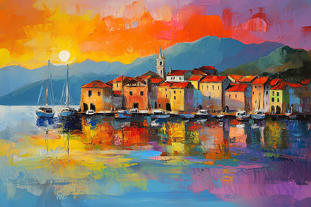 Abendrot am Lago - Gemälde Comer See, Lago Maggiore als Kunstdruck auf Leinwand, Acrylglas, Alu-Dibond oder als Poster