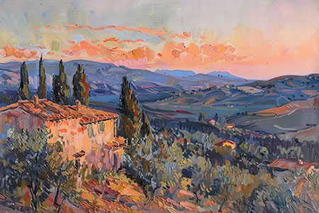 Abendrot in der Toskana - Lanschaftsmotiv im Stil eines Gemäldes als Kunstdruck auf Leinwand, Acrylglas, Alu-Dibond oder als Poster