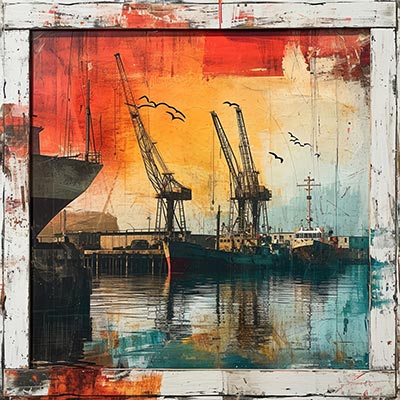 Hafenszene - modernes Wandbild im Stil eines Gemäldes als Kunstdruck auf Leinwand, Acrylglas, Alu-Dibond oder als Poster