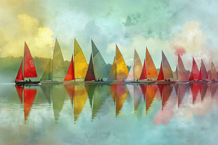 Segelregatta - Abstraktes Wandbild einer Segelregatta auf einem See im Vintage Stil auf Leinwand, Acrylglas, Alu-Dibond oder als Poster