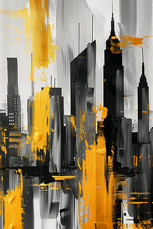Abstrakte Skyline - Eine moderne abstrakte Skyline mit goldenen Farbakzenten auf Leinwand, Acrylglas, Alu-Dibond oder als Poster