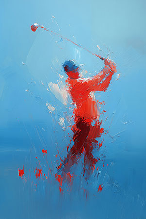Abstraktes Gemälde eines Golfers, hochwertiger Kunstdruck auf Leinwand, Acrylglas, Alu-Dibond, als Poster oder auch Akustikbild.