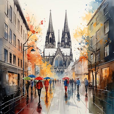 Regenspaziergang am Kölner Dom - Köln Gemälde als Kunstdruck auf Leinwand, Acrylglas oder als Poster