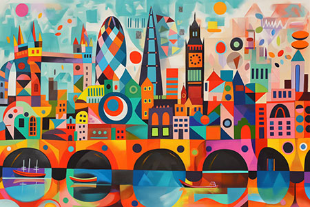 Abstraktes London - Modernes Wandbild im Pop Art Gemälde Stil auf Leinwand, Acrylglas, Alu-Dibond oder als Poster