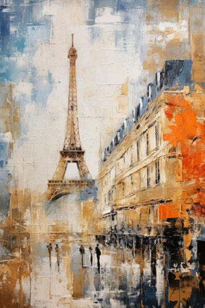Abstraktes Paris - modernes Wandbild mit Eiffelturm im Stil eines Gemäldes als Kunstdruck auf Leinwand, Acrylglas, Alu-Dibond oder als Poster