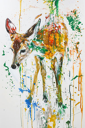 Abstraktes Reh - Modernes Wandbild von Menschen mit bunten Regenschirmen im Stil eines Gemäldes als Kunstdruck auf Leinwand, Acrylglas, Alu-Dibond oder als Poster