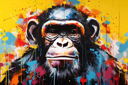 Pop Art Schimpanse - modernes Wandbild im Stil eines Gemäldes als Kunstdruck auf Leinwand, Acrylglas, Alu-Dibond oder als Poster