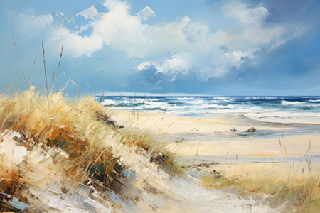 Am Meer - modernes Wandbild von einem Nordseestrand im Stil eines Gemäldes als Kunstdruck auf Leinwand, Acrylglas, Alu-Dibond oder als Poster