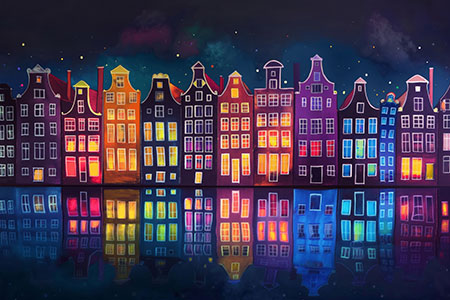 Amsterdam bei Nacht - Wandbild im Stil eines Gemäldes auf Leinwand, Acrylglas, Alu-Dibond oder als Poster
