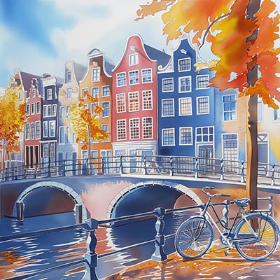 Fahrrad in Amsterdam - Modernes Wandbild von Menschen mit bunten Regenschirmen im Stil eines Gemäldes als Kunstdruck auf Leinwand, Acrylglas, Alu-Dibond oder als Poster