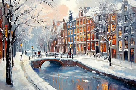 Amsterdam im Winter Gemälde Kunstdruck auf Leinwand, Acrylglas oder als Poster