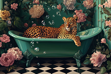 Leopard in der Badewanne - Stilvolles Wandbild auf Leinwand, Acrylglas, Alu-Dibond oder als Poster