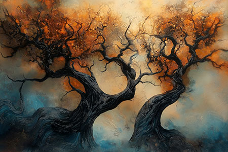 Bäume des Lebens - Mystisches Wandbild im Stil eines Gemäldes auf Leinwand, Acrylglas, Alu-Dibond oder als Poster