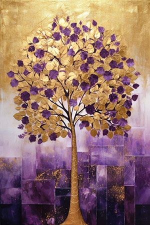 Baum in lila und gold - modernes Wandbild im Stil eines Gemäldes als Kunstdruck auf Leinwand, Acrylglas, Alu-Dibond oder als Poster