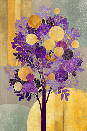 Baum in Gold und Violett, modernes Leinwandbild, Acrylglasbild, auf Alu-Dibond oder als Poster.
