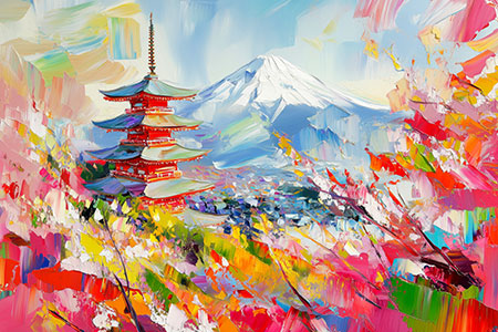 Berg Fuji und Kirschblüte - Wandbild im Stil eines Gemäldes als Kunstdruck auf Leinwand, Acrylglas, Alu-Dibond oder als Poster