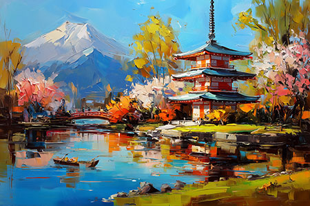 Berg Fuji und Pagode Martimer Kunstdruck auf Leinwand, Acrylglas oder als Poster