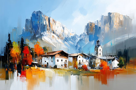 Dorf in den Dolomiten Gemälde Kunstdruck auf Leinwand, Acrylglas oder als Poster