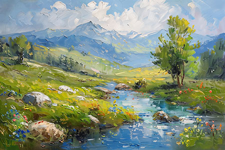 Bergidylle - Bachlauf in einer voralpinen Landschaft als Gemälde Kunstdruck auf Leinwand, Acrylglas, Alu-Dibond oder als Poster