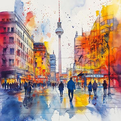 Berlin Illustration - Fernsehturm und Menschen Wandbild im Aquarell Stil auf Leinwand, Acrylglas, Alu-Dibond oder als Poster