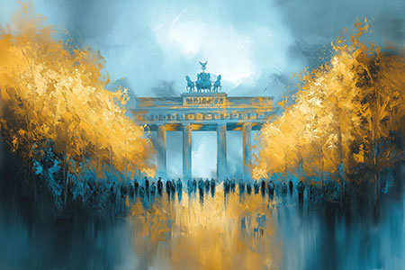 Brandenburger Tor in blau und gold - Berlin Gemälde Kunstdruck auf Leinwand, Acrylglas, Alu-Dibond oder als Poster