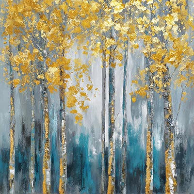 Birkenwald Gemälde mit goldenen Blättern als Kunstdruck, modernes Wandbild auf Leinwand, als Acrylglasbild, auf Alu-Dibond oder als Poster