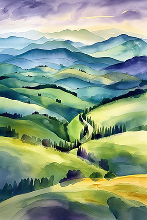 Weite Landschaft - Wandbild im Stil eines Aquarellgemäldes als Kunstdruck auf Leinwand, Acrylglas, Alu-Dibond oder als Poster