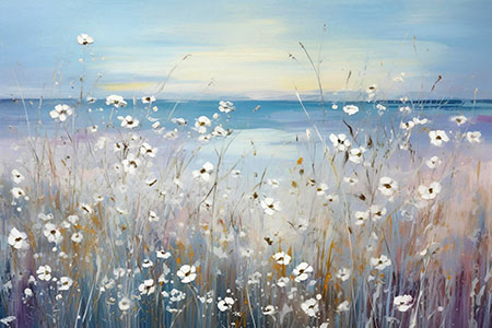 Blumen am Meer - modernes Wandbild im Aquarellstil als Kunstdruck auf Leinwand, Acrylglas, Alu-Dibond oder als Poster