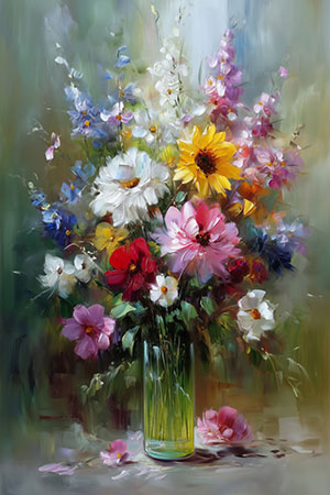 Üppiger Blumenstrauß in klassischer Malerei – moderner Kunstdruck mit romantischer Ausstrahlung, ideal für Schlafzimmer oder stilvolle Wohnräume.