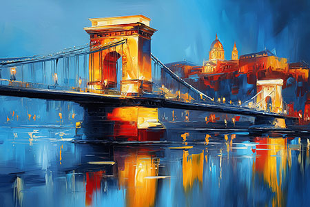 Goldenes Budapest zur blauen Stunde - Budapest Kettenbrücke Gemälde als Kunstdruck auf Leinwand, Acrylglas oder als Poster