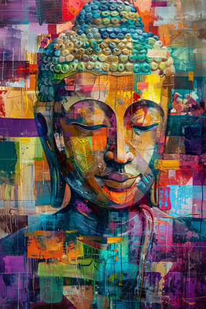 Buddha Pop Art - Modernes abstraktes Gemälde eines Buddhas, hochwertiges Wandbild auf Leinwand, Acrylglas, Alu-Dibond oder als Poster