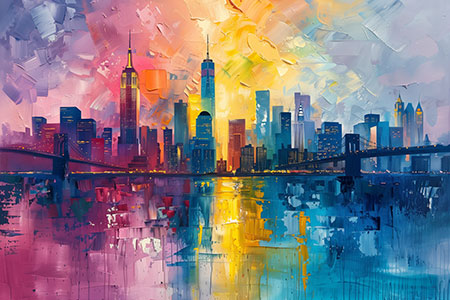 Bunte New York Skyline - Wandbild im Stil eines Gemäldes, hochwertiger Kunstdruck auf Leinwand, Acrylglas, Alu-Dibond oder als Poster