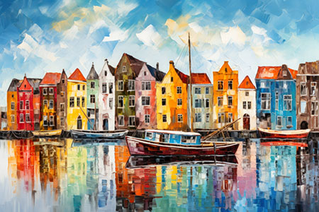 Häuser von Amsterdam - modernes Wandbild im Stil eines Gemäldes als Kunstdruck auf Leinwand, Acrylglas, Alu-Dibond oder als Poster