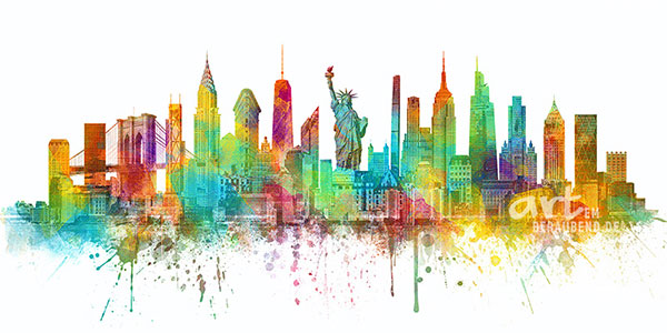 Bunte New York Skyline - Modernes NYC Wandbild auf Leinwand, Acrylglas, Alu-Dibond oder als Poster