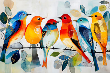 Bunte Vögel Gemälde-Kunstdruck, modernes Wandbild auf Leinwand, als Acrylglasbild, auf Alu-Dibond oder als Poster