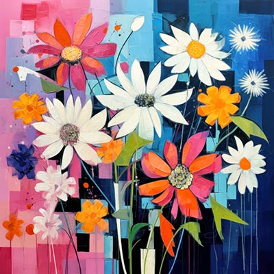 Bunter Blumenstrauß - modernes digitales Blumengemälde Wandbild auf Leinwand oder Acrylglas