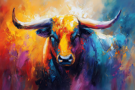 Buntes Stiergemälde als Kunstdruck, modernes Wandbild auf Leinwand, als Acrylglasbild, auf Alu-Dibond oder als Poster