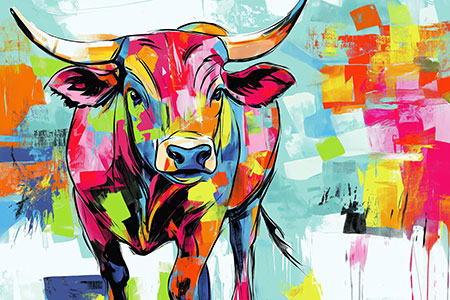 Moderner bunter Stier - Modernes Gemälde als Kunstdruck auf Leinwand, Acrylglas, Alu-Dibond oder als Poster