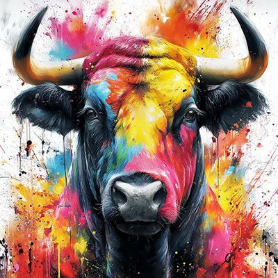 Modernes Stier Bild im Pop Art Stil auf Leinwand, als Acrylglasbild, auf Alu-Dibond oder als Poster.