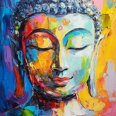 Farbenfroher Buddha - London Impression im Stil einer kreativen Fotografie auf Leinwand, Acrylglas, Alu-Dibond oder als Poster