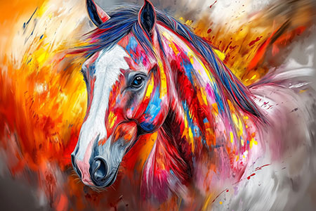 Ein ausdrucksstarkes Pferd in leuchtenden Farben – moderner Kunstdruck mit dynamischer Energie, ideal für Fans starker Tiermotive.