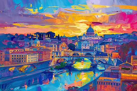 Farbenfrohes Rom - Wandbild im Stil eines Gemäldes, hochwertiger Kunstdruck auf Leinwand, Acrylglas, Alu-Dibond oder als Poster