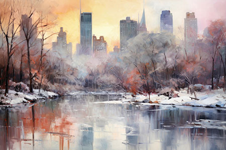 Central Park im Winter - modernes Wandbild im Stil eines Gemäldes als Kunstdruck auf Leinwand, Acrylglas, Alu-Dibond oder als Poster