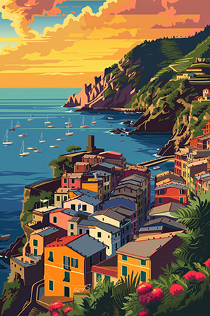 Cinque Terre - Modernes Wandbild im Stil einer Vektorillustration auf Leinwand, Acrylglas, Alu-Dibond oder als Poster