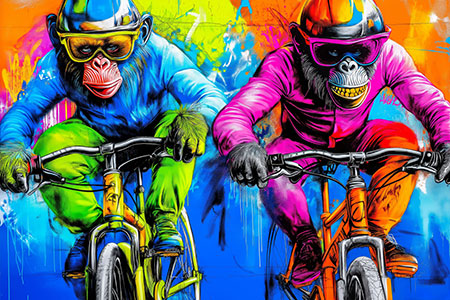Coole Affen auf Fahrrädern - buntes lustiges Tiermotiv im Graffiti Streetart Stil als Kunstdruck auf Leinwand, Acrylglas, Alu-Dibond oder als Poster