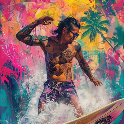 Bunter Surfer - Modernes Wandbild von Menschen mit bunten Regenschirmen im Stil eines Gemäldes als Kunstdruck auf Leinwand, Acrylglas, Alu-Dibond oder als Poster