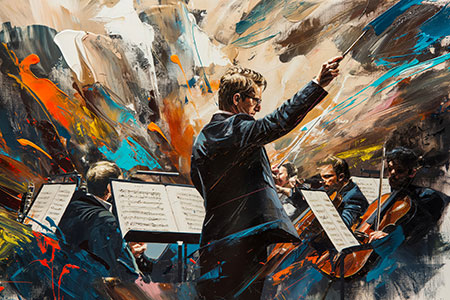 Dirigent - Modernes Wandbild eines Dirigenten mit Orchester im Stil eins modernen Gemäldes als Kunstdruck auf Leinwand, Acrylglas, Alu-Dibond oder als Poster