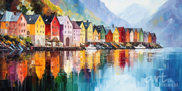 Häuser am Fjord - modernes Wandbild im Stil eines Gemäldes als Kunstdruck auf Leinwand, Acrylglas, Alu-Dibond oder als Poster