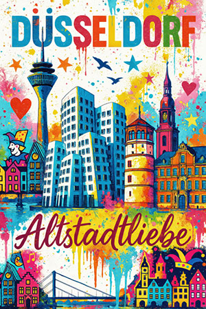Düsseldorf Altstadtliebe - buntes Düsseldorft Pop Art Wandbild als Kunstdruck auf Leinwand, Acrylglas, Alu-Dibond oder als Poster